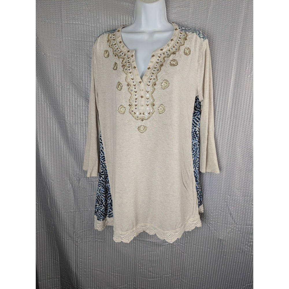 John Mark Womens XL Embroidered Tunic Top Beige Blue Beaded Crochet Hem Boho